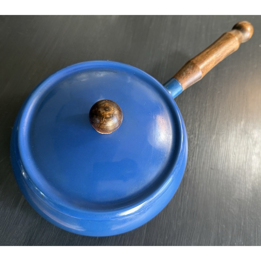VTG Blue Enamel Saucepan Fondue‎ Pot Mid Century Modern Wood Handle Cottage Core